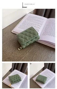 Detail view of a matcha green quilted card holder wallet with elegant gold zipper and tassel