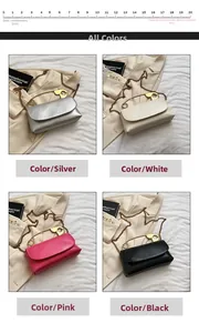 Detail of crossbody bag in silver, white, pink, and black colors with gold pin buckle