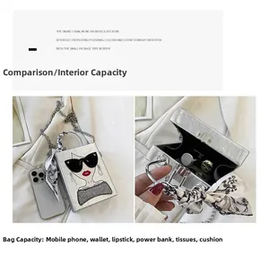 Silberne Box-Tasche mit Cool-Girl-Print zeigt Innenraum für Handy und Kosmetikartikel