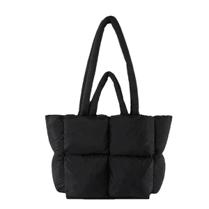 Chic black quilted puffer tote bag for women with glossy finish and double shoulder straps