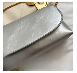 Macro shot of silver textured leather fabric and premium gold metal hardware on the handbag