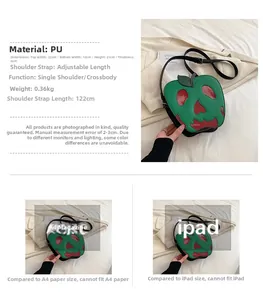 Detailed size chart of apple shaped shoulder bag with material and strap specifications