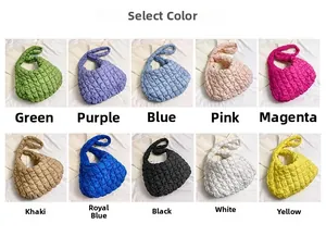 Grid display of quilted cloud tote bags in ten vibrant colors like green, pink, and blue