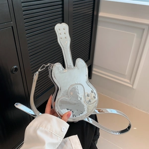 Guitar Shaped Crossbody Bag Women Glossy PU Leather Metallic Novelty Shoulder Purse Heart Stitching Rivets Fashionable