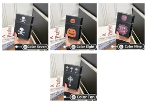 Detailed selection of four Halloween crossbody phone bags with skull and pumpkin prints