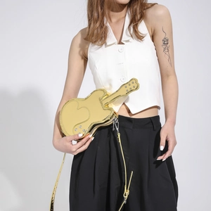 Unique violin-shaped violin-styled yellow metallic PU leather crossbody bag with silver studs