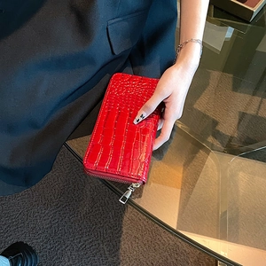 Red crocodile pattern leather long wallet with silver zipper for casual luxury style