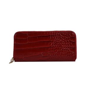 Minimalist red long wallet for women with crocodile texture and golden zipper