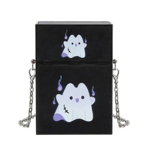 Fashionable black crossbody chain bag with a cute purple cartoon ghost print for women
