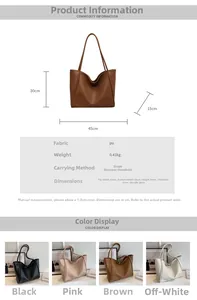 Detailed sizing chart and color options for the large capacity pebble leather tote bag
