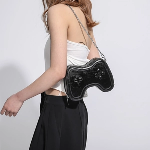 Creative game controller shaped crossbody bag in black shiny leather with silver chain