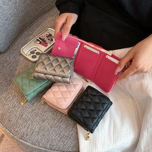 Women Mini Quilted Rhombic Wallet PU Leather Short Zipper Card Holder Coin Purse Compact Elegant Stylish Bag