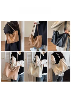 Detailed view of large capacity tote bag with litchi texture in brown, black, and white