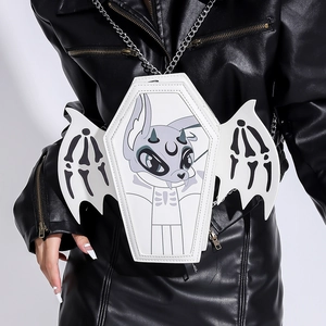 Coffin Shaped Crossbody Bag Bat Wings Gothic PU Leather Halloween Cartoon Novelty Chain Shoulder Bag For Women