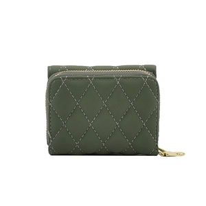 Deep green quilted card holder wallet with square pattern and gold zipper closure