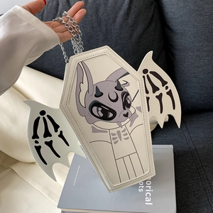Gothic coffin-shaped shoulder bag in off-white with bat wing accents and moon monster print