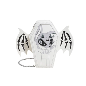 White coffin-shaped crossbody bag with bat wings and metal chain for gothic style