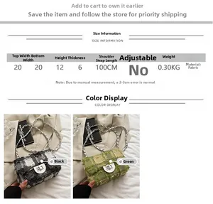 Size chart for quilted chain crossbody bag showing dimensions and fabric details