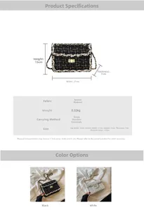Spécifications détaillées du sac en tweed avec dimensions 21x15x7cm et fermoir doré