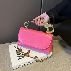 Women Shoulder Crossbody Bag PU Leather Gold Safety Pin Handle Small Square Flap Chain Strap Fashion Street Retro