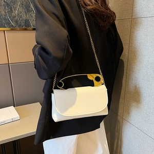 Chic white PU leather shoulder bag with gold safety pin handle and chain strap for women