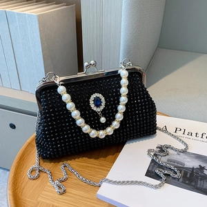 Borsa Da Sera Con Strass Pochette Retrò Stile Conchiglia Manico Di Künstliche Perle Catena In Metallo Decoro Zaffiro Per Donna