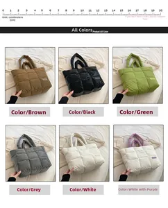 Details van gewatteerde donzen draagtassen in diverse kleuren met een modieus label