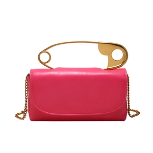 Chic rose red PU leather square crossbody bag with gold safety pin handle and chain strap