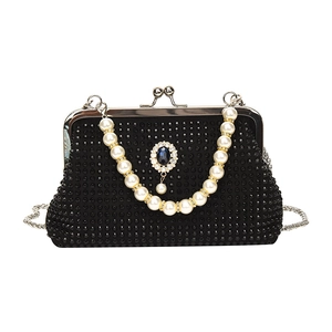 Elegante pochette da sera nera con strass, manico di perle e dettaglio gemma blu
