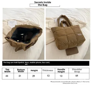 Detailed size chart of a large quilted tote bag with specific dimensions in centimeters