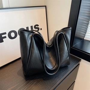 Women Large Capacity Tote Bag PU Leather Litchi Pattern Minimalist Solid Color Shoulder Bag Versatile Commuting Handbag