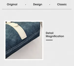 Λεπτομέρεια μπλε τσάντας denim με λευκά δερμάτινα λουράκια και λεπτή διπλή ραφή