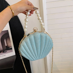 Women Shell Shaped Evening Bag With Faux Artificial Pearl Handle And Gold Chain Glitter Sequin Clutch Crossbody Purse Fashion