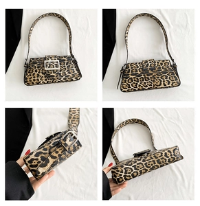 Detail view of leopard print shoulder bag with silver square buckle and slim strap