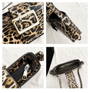 Detailed views of leopard print shoulder bag with silver buckle and inner lining