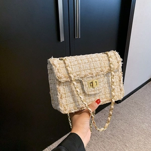 Sac À Bandoulière En Tweed Pour Femme Élégant Style Français Sac À Main Avec Chaîne Métallique Et Fermoir Doré