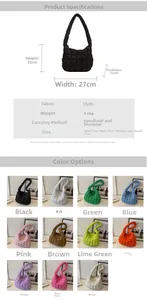 Size chart for quilted tote bag with dimensions 27x22x12cm and 11 color options
