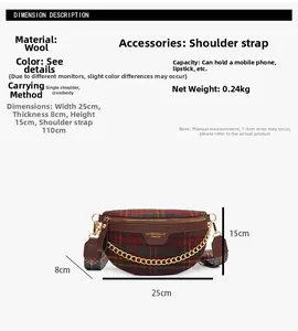 Spécifications de taille pour sac banane à carreaux avec dimensions 25x8x15cm et bandoulière