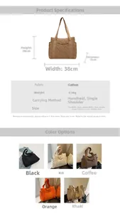 Detailed chart showing dimensions and various colors of the quilted down tote bag