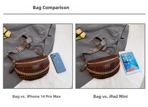 Comparaison de taille du sac ceinture à carreaux avec tablette et téléphone portable