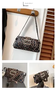 Detailed views of leopard print shoulder bag with large silver buckle and brown leather strap