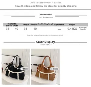 Detailed size chart and dimensions for the suede tote bag with plush trim details