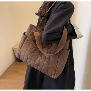 Macro detail of dark brown quilted tote bag showing texture and side pocket on shoulder