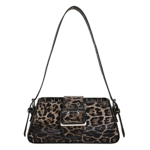 Vintage leopard print baguette bag with metallic buckle and shoulder strap for women
