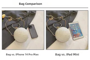 Größenvergleich der runden Strass-Abendtasche mit Smartphone und Tablet-PC