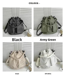Detailed grid view of nylon drawstring bucket bags in four versatile modern colors