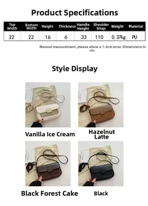 Detailed view of PU leather crossbody bag with square hardware and dimension specs