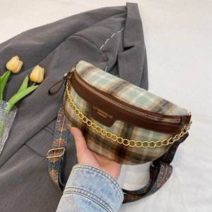 Sac Banane En Laine À Carreaux Rétro Avec Large Bandoulière Bohème Et Chaîne Dorée Sac De Poitrine Tendance Pour Femme