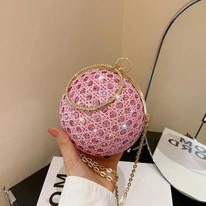Damen Kugelförmige Abendtasche Strass Glitzer Runde Clutch Mit Metallringgriff Und Abnehmbarer Kette