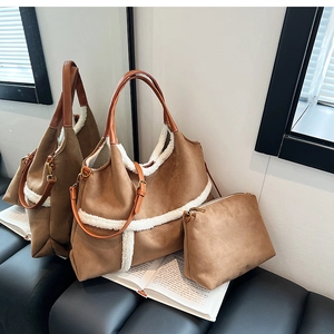 Large Capacity Suede Tote Bag For Women With Faux Lambswool Trim Retro Commuter Shoulder Handbag And Adjustable Strap